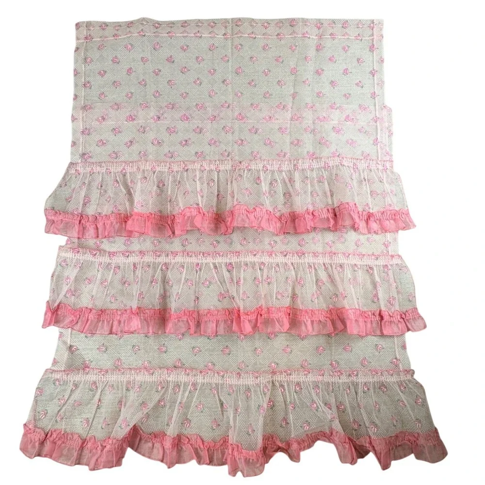 3 Vintage 70s Ruffle Mesh Curtain Valance Panels Pink Rose Floral Point Desprit